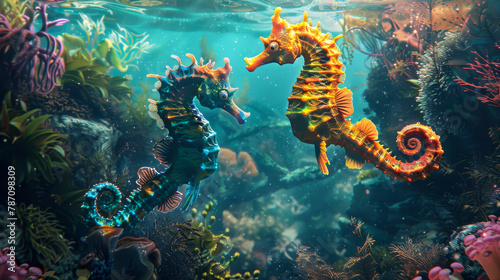 Two colorful sea horses swimming in a coral reef