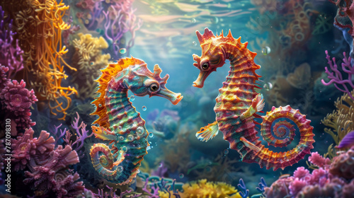 Two colorful sea horses swimming in a coral reef