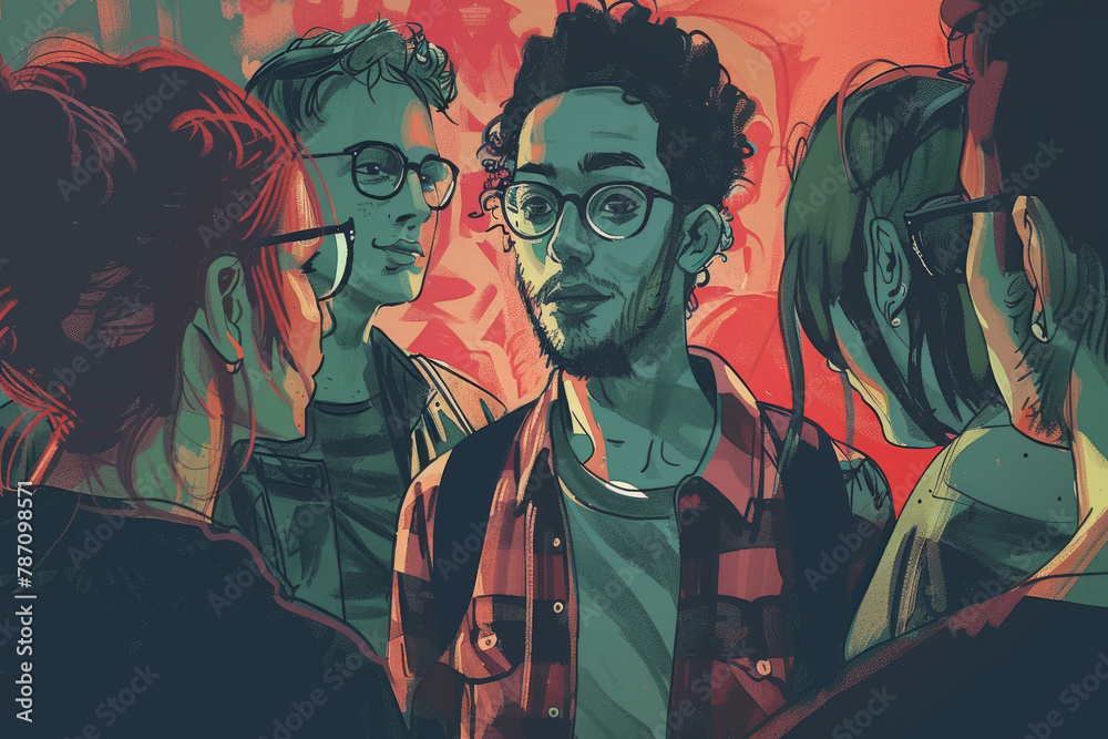 Obraz premium A group of people are standing together, one of them is wearing glasses