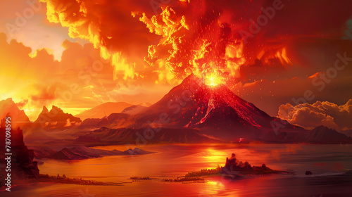 A fiery volcano is spewing lava into the sky  with a beautiful orange