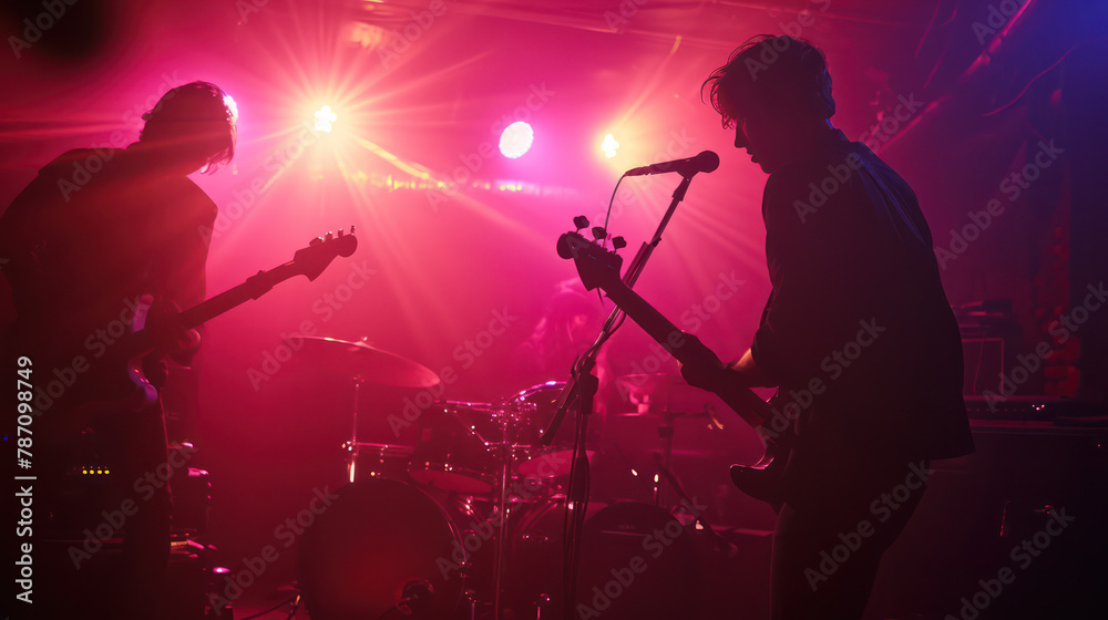 Fototapeta premium silhouette of singers AND THE BAND ON STAGE WITH COLOR LIGHTS
