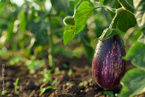 A purple eggplant is sitting on the ground in a field photo