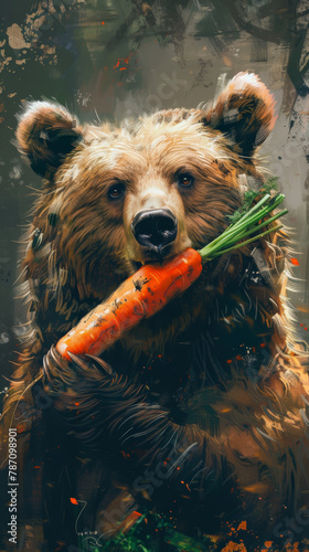 A bear is holding a carrot in its mouth © Napat