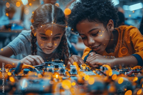 Two children immersed in a technological learning experience with glowing circuit boards in a robotics class photo