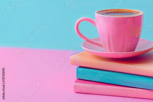 Pink Espresso Coffee and a Stack of Books in Pastel Hues, Book Club Concept, Book Party, Cafe, Reading Club
 photo