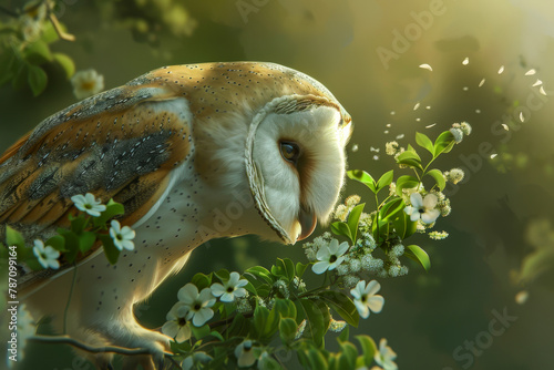 A brown and white owl is perched on a branch of a tree with flowers