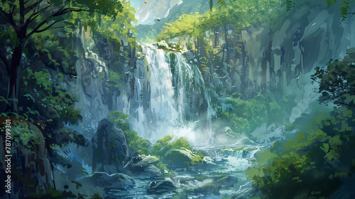 A painting of a waterfall surrounded by trees