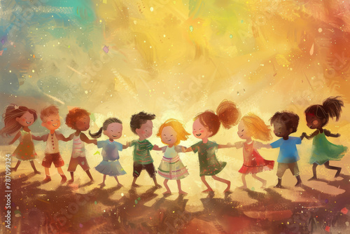 A group of children are holding hands in a circle