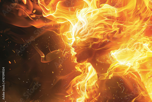 A woman's face is surrounded by flames, with her hair blowing in the wind