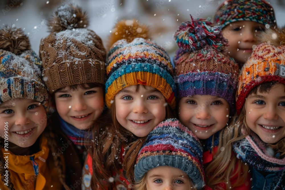 Seven joyful children with snowflakes on their winter hats smiling in a snowy setting