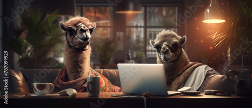 A camel resting in a lounge area of an office, with a laptop on its hump and a cup of coffee beside it on a low table, 3D illustration photo