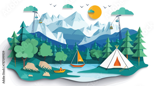 Mountains with cable car forest boat tent on river background