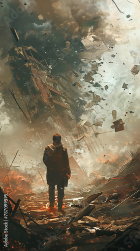 A man stands in the middle of a destroyed city
