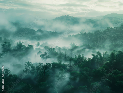 A misty forest with a thick fog covering the trees