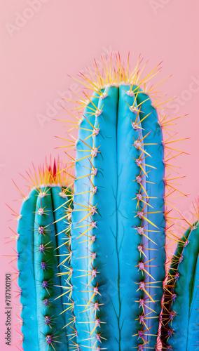 turquoise cacti on a pink background, with yellow spines, in a pastel aesthetic.Minimal creative nature concept.
