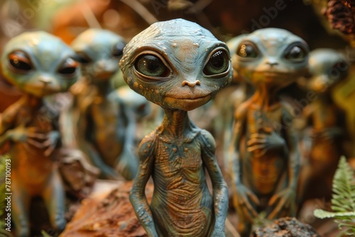 Image of a group of alien figurines set against a natural backdrop, drawing attention to their facial expressions