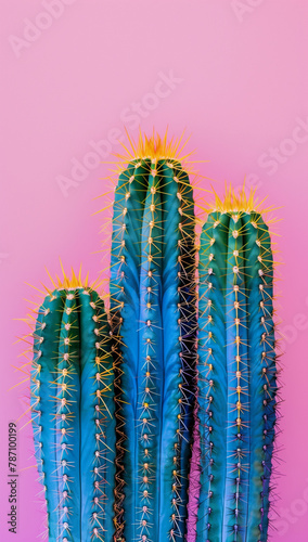 turquoise cacti on a pink background, with yellow spines, in a pastel aesthetic.Minimal creative nature concept.
