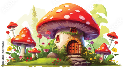 Mushroom House in Fairy Garden Illustration Vector. Vector