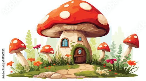 Mushroom House in Fairy Garden Illustration Vector. Vector