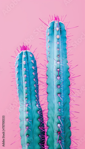 turquoise cacti on a pink background, with pink spines, in a pastel aesthetic.Minimal creative nature concept.