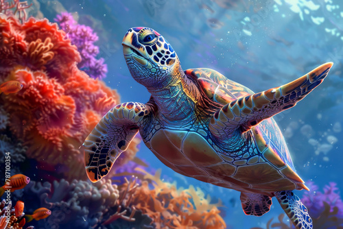 A turtle swimming in a colorful coral reef