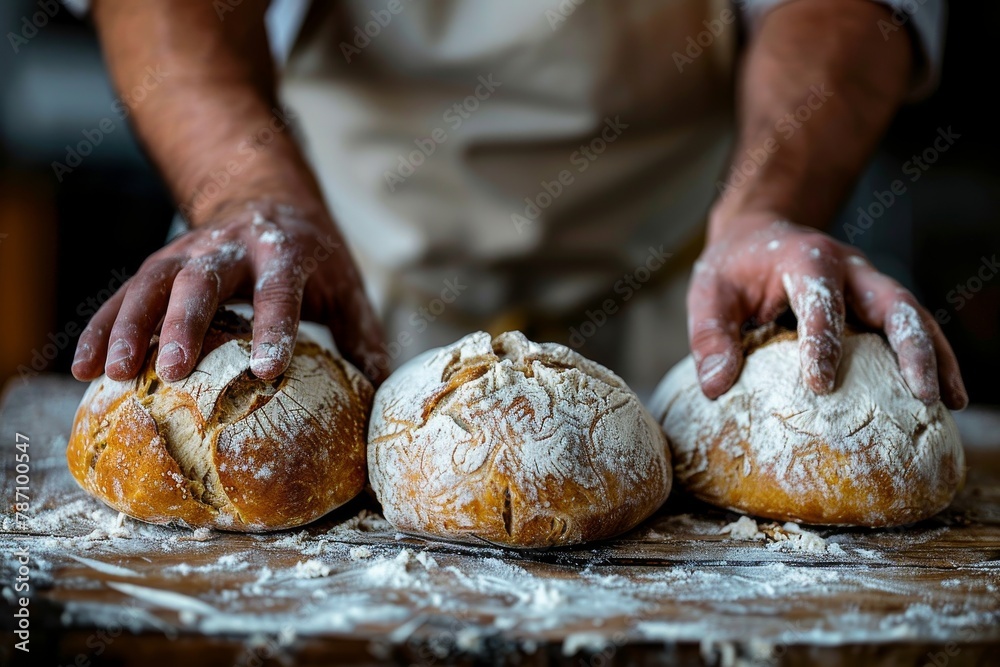 Image features a baker's hands placing freshly baked bread on a rustic wooden table with flour dust