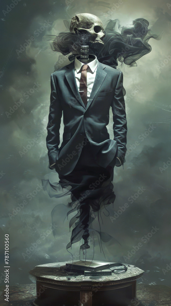 Obraz premium A man in a suit is floating in the air with a skull and a gas mask