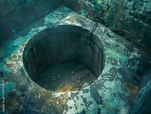A sinkhole is shown in a blue and green color scheme