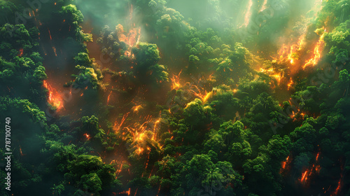 A forest fire is burning in the background of a lush green forest