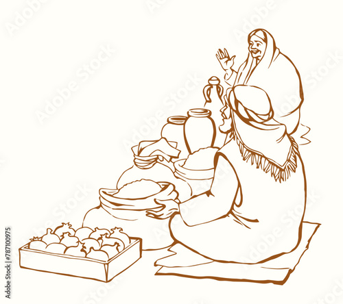 Ancient Jewish market. Vector drawing