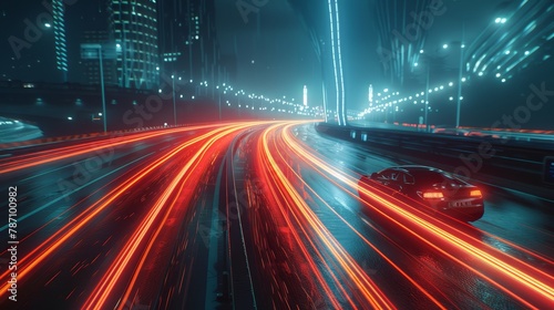 An evocative night scene of a car cruising through a city with futuristic glowing red traffic trails under a cool blue urban skyline, perfect for themes of modernity and motion. photo