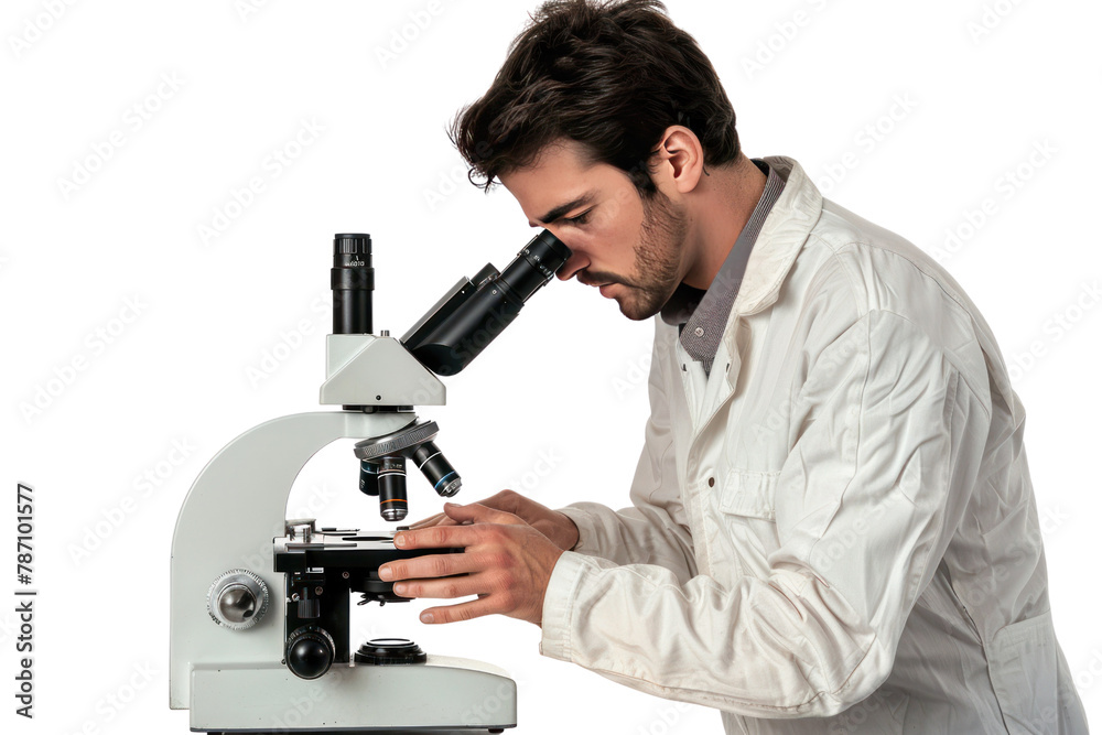 Scientist working with microscope against
.isolated on white background Scientist working with microscope against
.isolated on white background