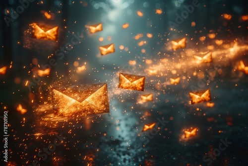 Mysterious scene as golden glowing paper airplanes fly through a dark forest, signifying ideas or dreams being set free photo