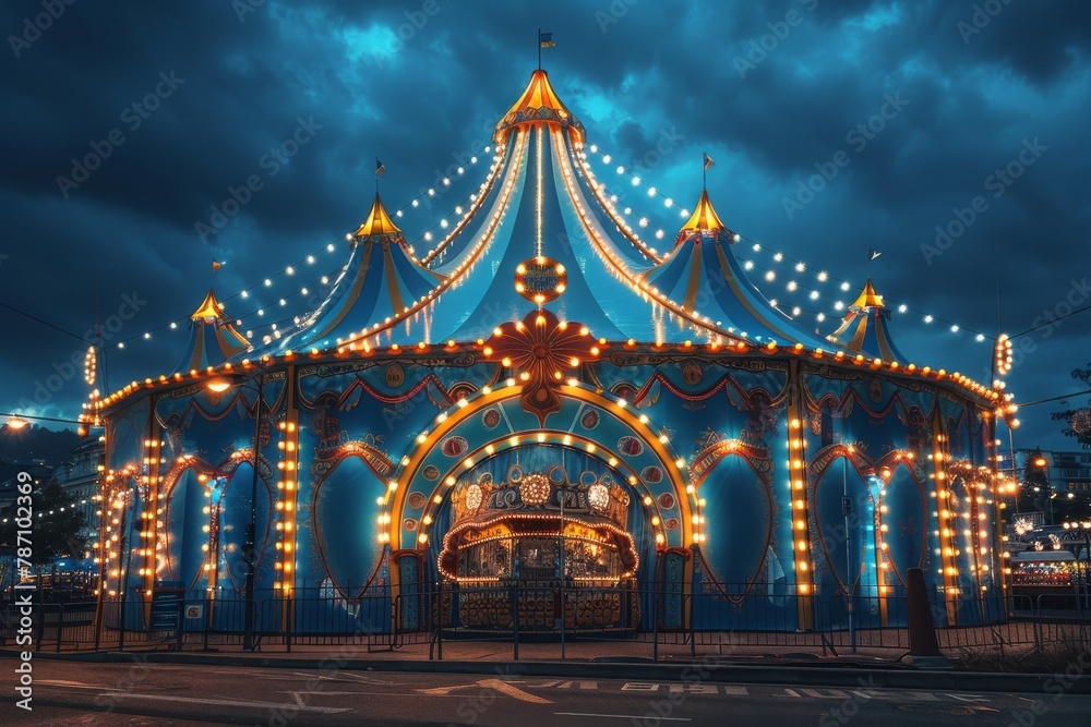 Obraz premium Majestic merry-go-round brightly illuminated with ornate designs stands out against the twilight sky