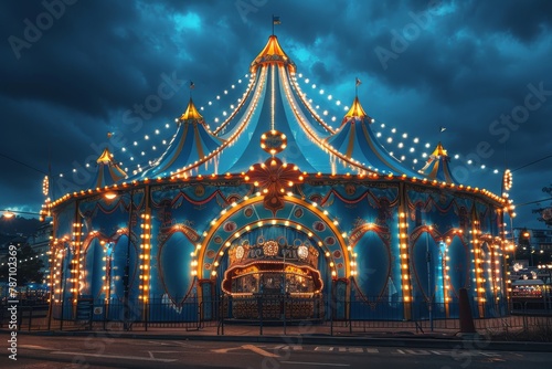 Majestic merry-go-round brightly illuminated with ornate designs stands out against the twilight sky