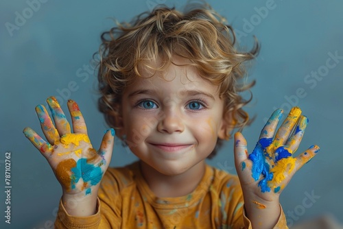 Happy curly-haired boy presenting his hands covered in multicolored paint