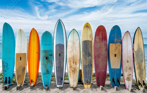 Row of Surfboards on Sandy Beach