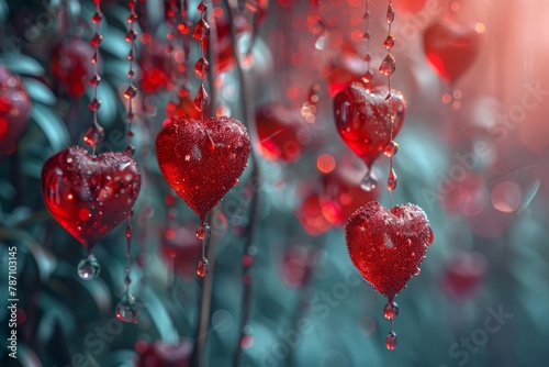 Decorative red glitter hearts suspended on strings with a dreamy, blurred background