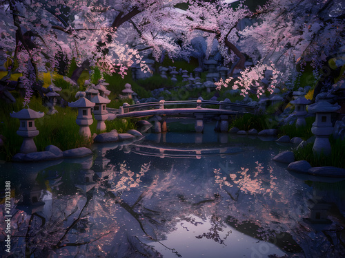 Twilight Serenity  Sakura Blossoms Over Tranquil Japanese Garden Pond