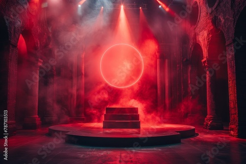 A mystical stage set with a bold red light circle and atmospheric smoke, suggesting a suspenseful performance
