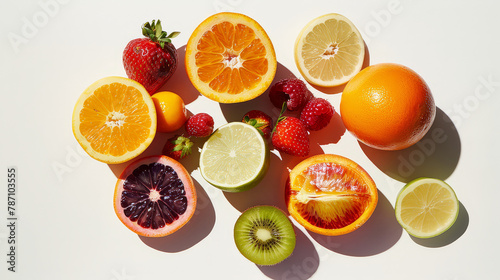 Realistic photo of fresh fruits. Creative artistic diplay of fresh ingredients. AI Generative.