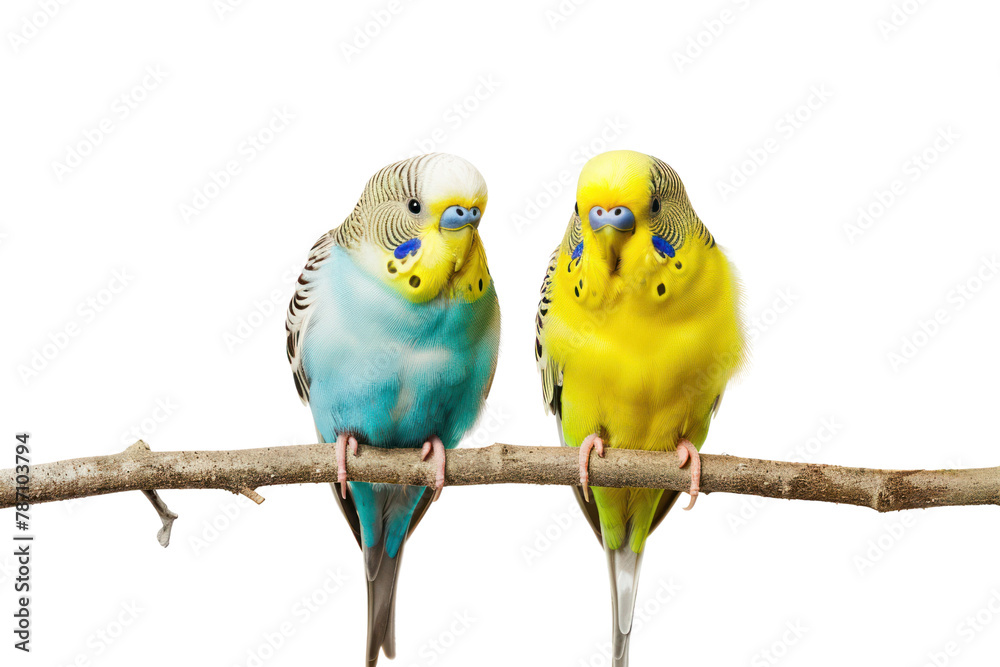 Obraz premium Two parrots, beautiful colors, perched on a dry branch. isolated on white background