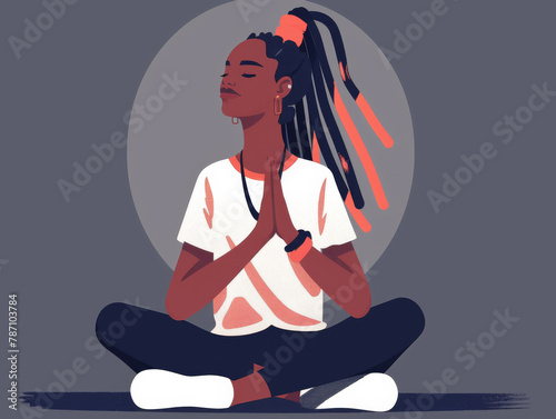 Illustration of a woman meditating with hands pressed together in a peaceful setting. photo