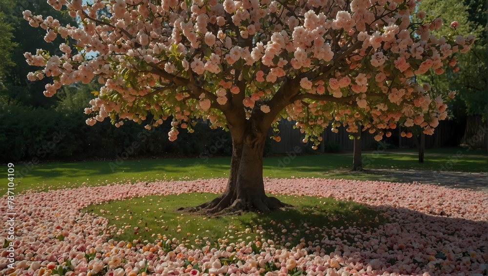 Fototapeta premium A fruit tree in full bloom, surrounded by a carpet of fallen petals and fruits Generative AI