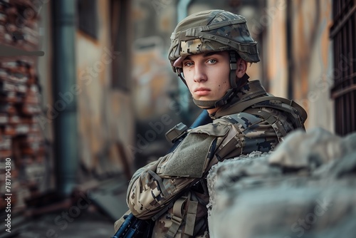 Young soldier leaning against ruins