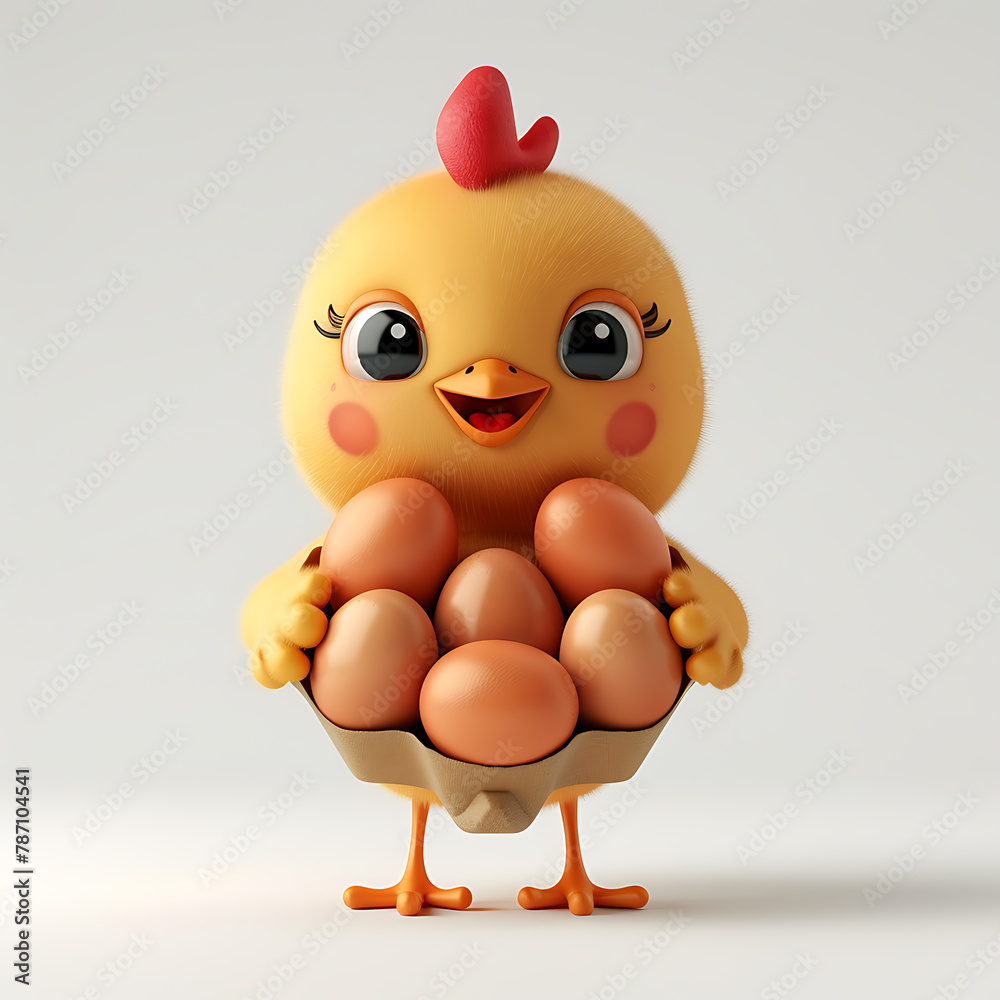 Cute fluffy chick 3D offering eggs, on a white background, funny cartoon character, for advertising poultry products