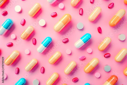 A minimalist composition featuring of colorful pharmaceutical pills and capsules arranged on a pink background.