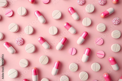 A minimalist composition featuring of pharmaceutical pills and capsules arranged on a pink background.