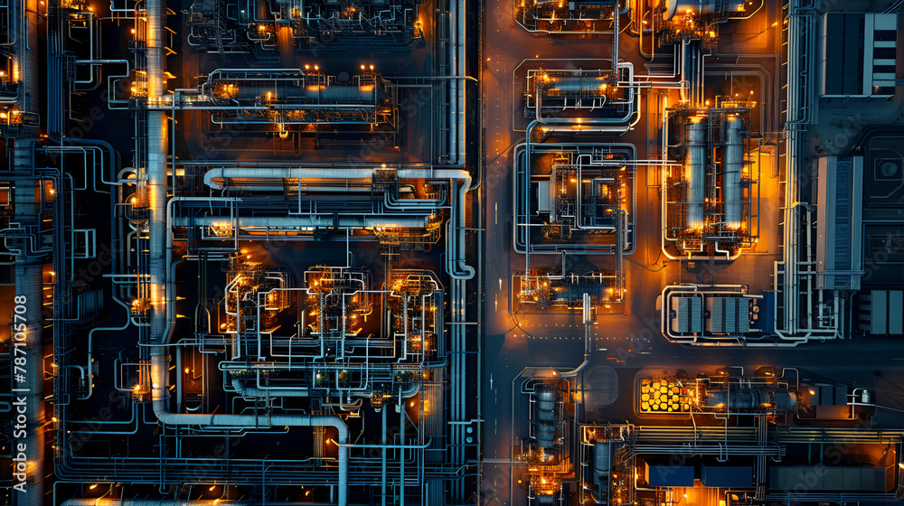 Oil Refinery factory at twilight , petrochemical plant , Petroleum , Chemical Industry, Oil and gas plant with pipe valves, compression station, Oil and gas industry, refinery, petrochemical plant 