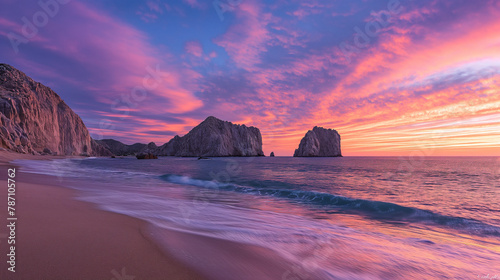 Breathtaking View: Serene Beach at Sunset with Vibrant Sky Colors Reflecting on Gentle Waves